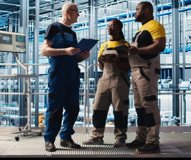 Photovoltaics smart factory team leader and workers analyzing data. Senior engineer and coworkers in industry 4.0 solar panels plant producing renewable energy review system metrics, camera A
